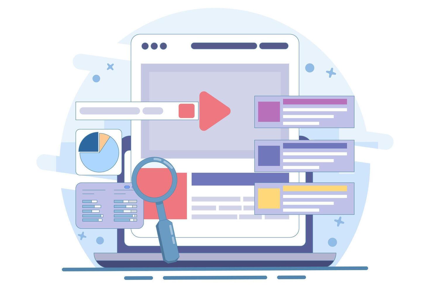 Search engine marketing concepts, Running advertising campaigns on search engines, Search Ads send traffic to websites, Advertising analysis, illustrations. vector