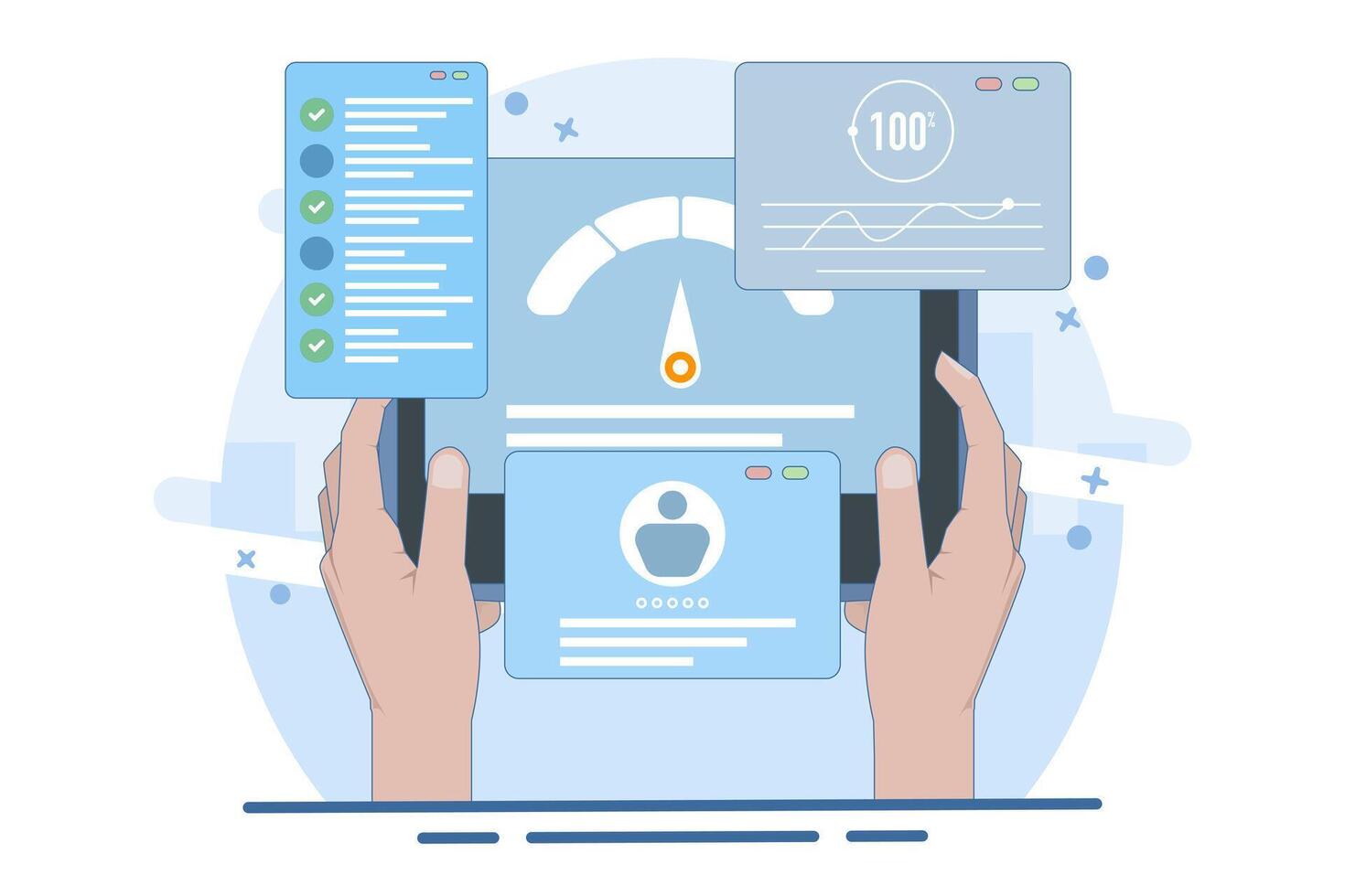 Flat illustration concept of usability testing, QA engineering, developer, Tester looking for bugs, Site testing, Software optimization process, checking application functionality. illustration. vector