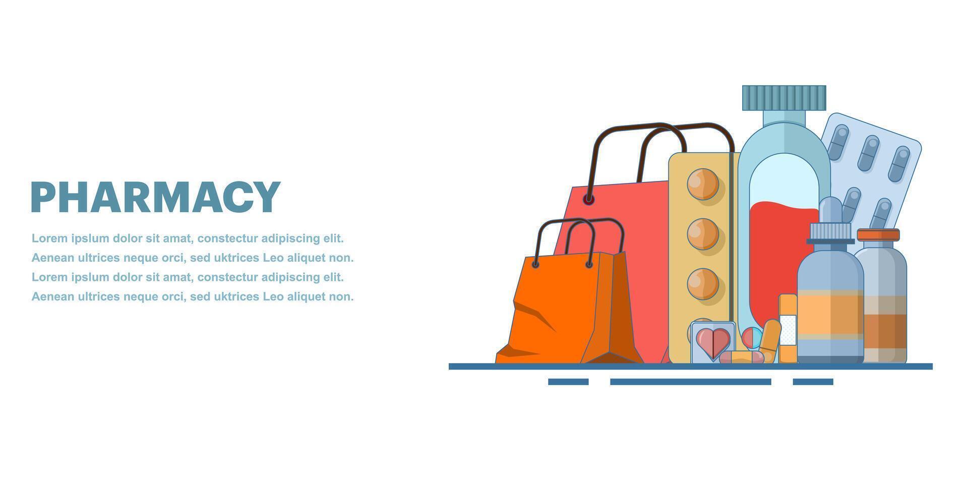 Medical concept. Medicines. Pharmacy web banner. Health and pharmacy, sale of medicines. Flu, cough and cold medicine, medicinal syrup, throat spray, tablets, capsules. Flat illustration. vector