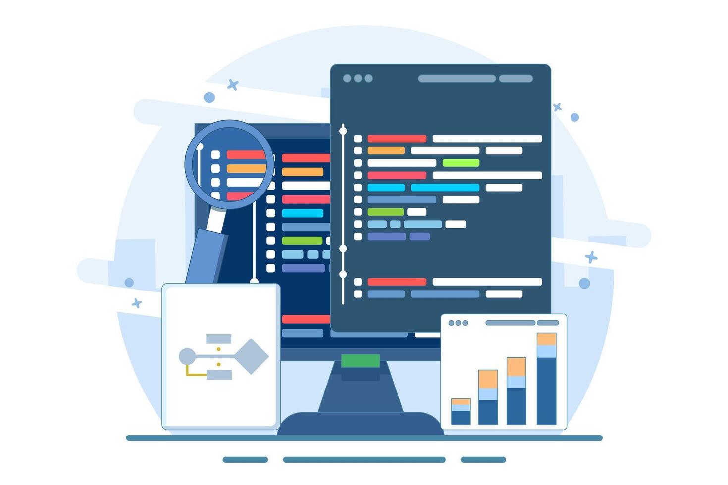 Computer programming concept or software or game development. illustration with coding symbols and programming windows. Information technology and computer engineering. Flat illustration. vector