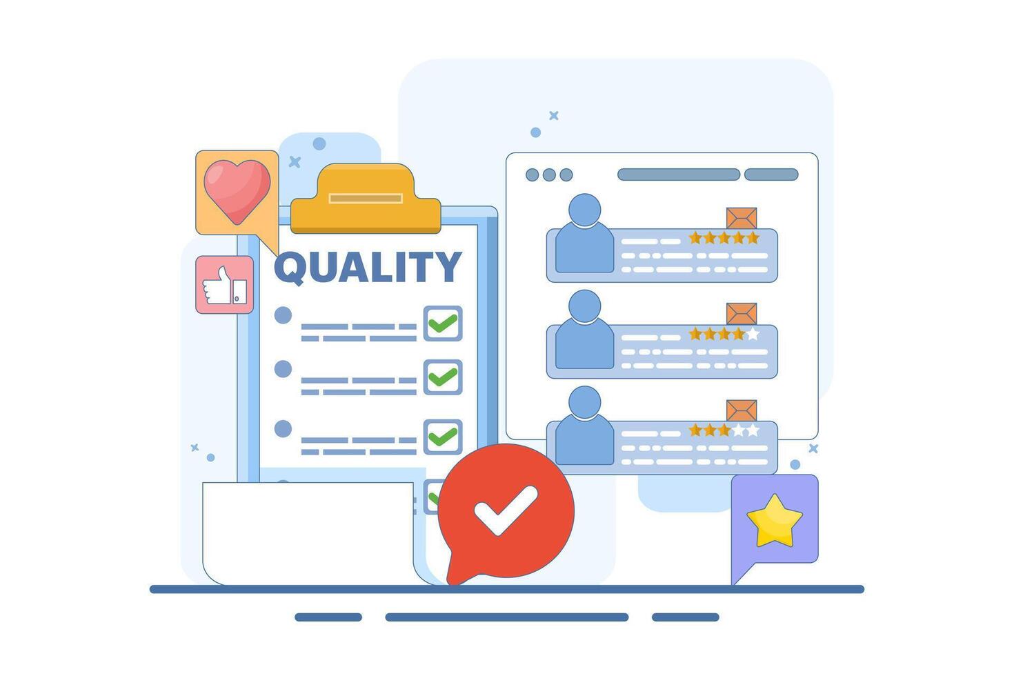 Quality control concept that implements quality control processes. assurance checklist documents, assurance concepts, company policies or compliance. quality control or approval. vector