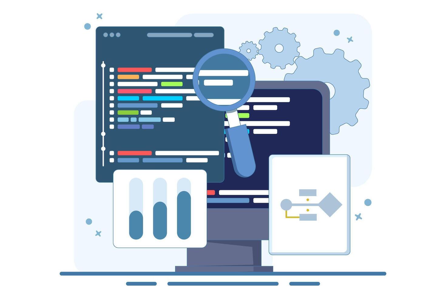 Computer programming concept or software or game development. illustration with coding symbols and programming windows. Information technology and computer engineering. Flat illustration. vector