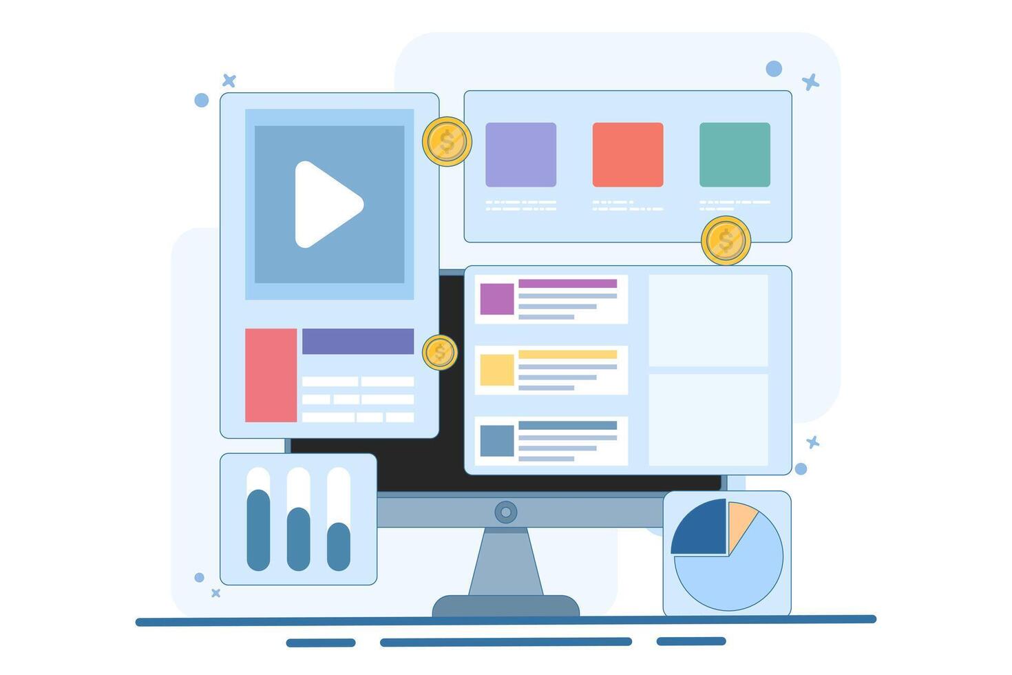 Search engine advertising campaigns, eCommerce advertising on search engines, search marketing concepts, Pay per click, Advertising analysis, flat illustrations. vector