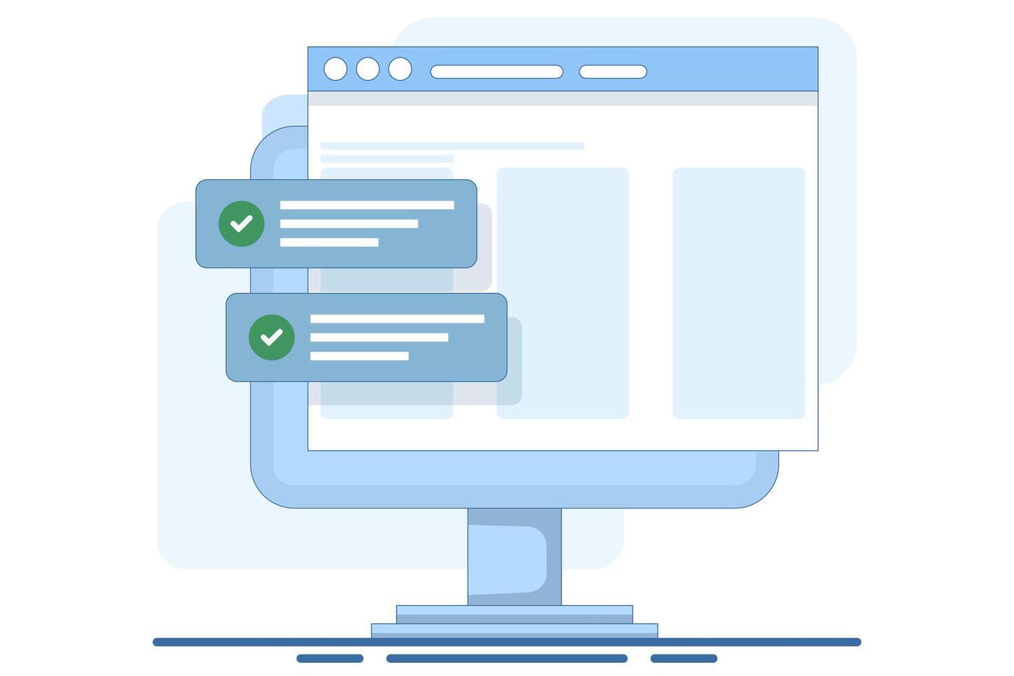 Website success notification concept with check mark, web updated task list with check mark on laptop computer flat cartoon , internet online digital check on pc report. illustration. vector