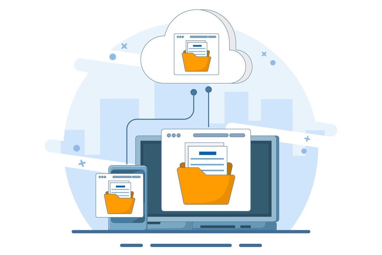 Cloud computing concept with computer monitor, laptop and smart phone device in processing information and uploading and downloading data, cloud service data storage or transfer. flat illustration. vector