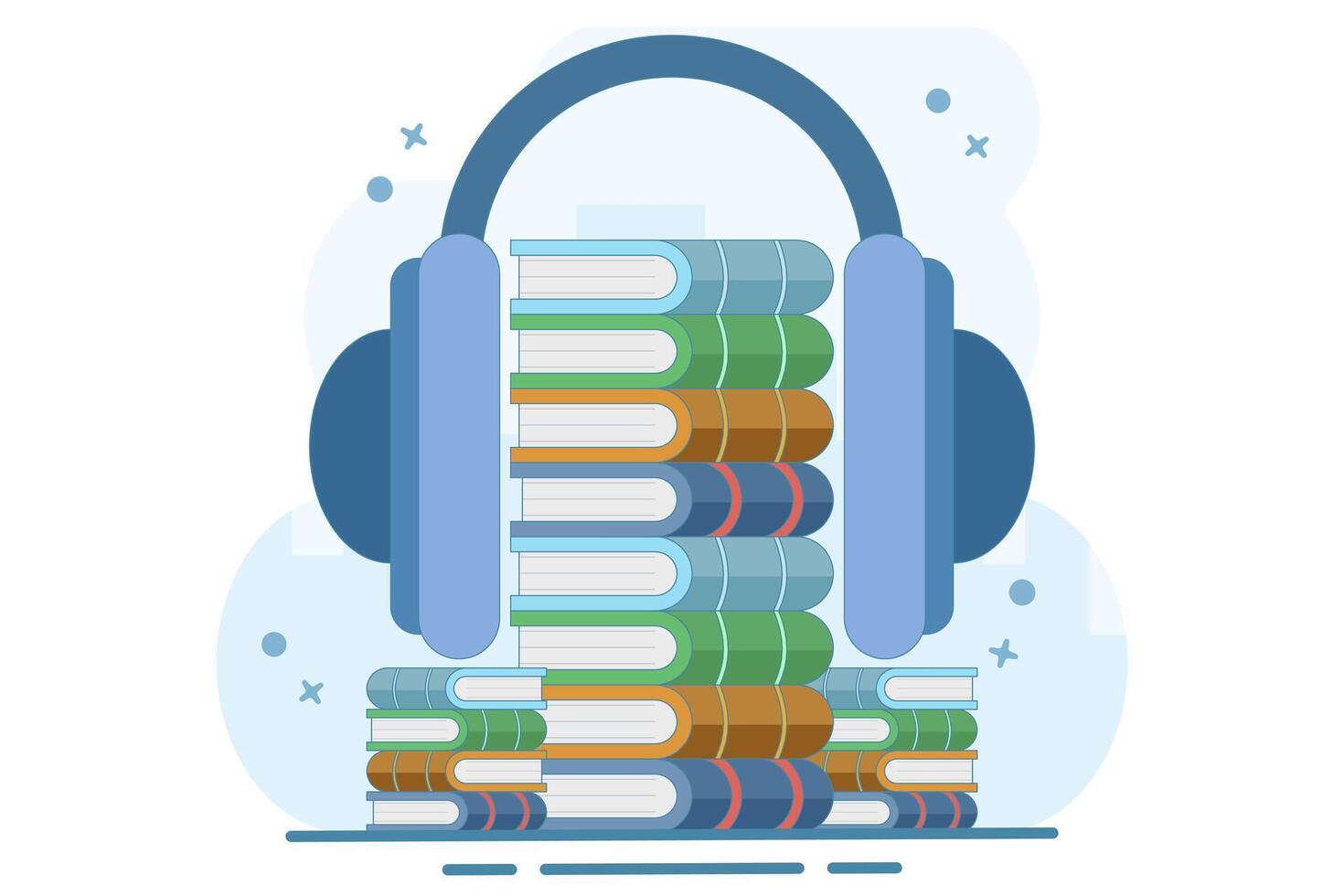audiobook concept with headphones, flat cartoon headset with stack of online digital books, listening to podcasts or e-learning and learning ideas, education concept. illustration. vector