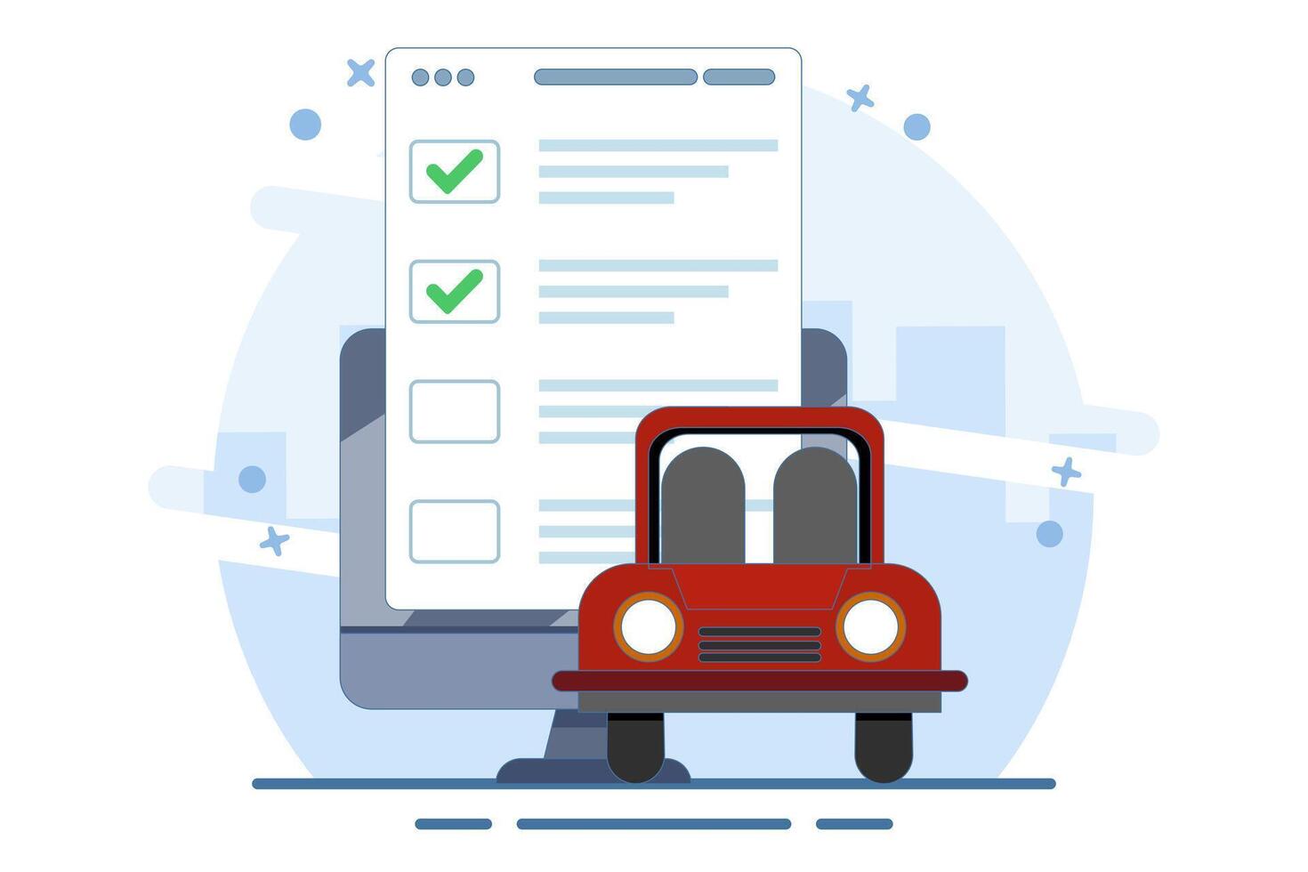 Car vehicle checklist inspection concept or car maintenance technical service flat graphic illustration, car safety inspection review, buy automotive verification inspection. illustration. vector