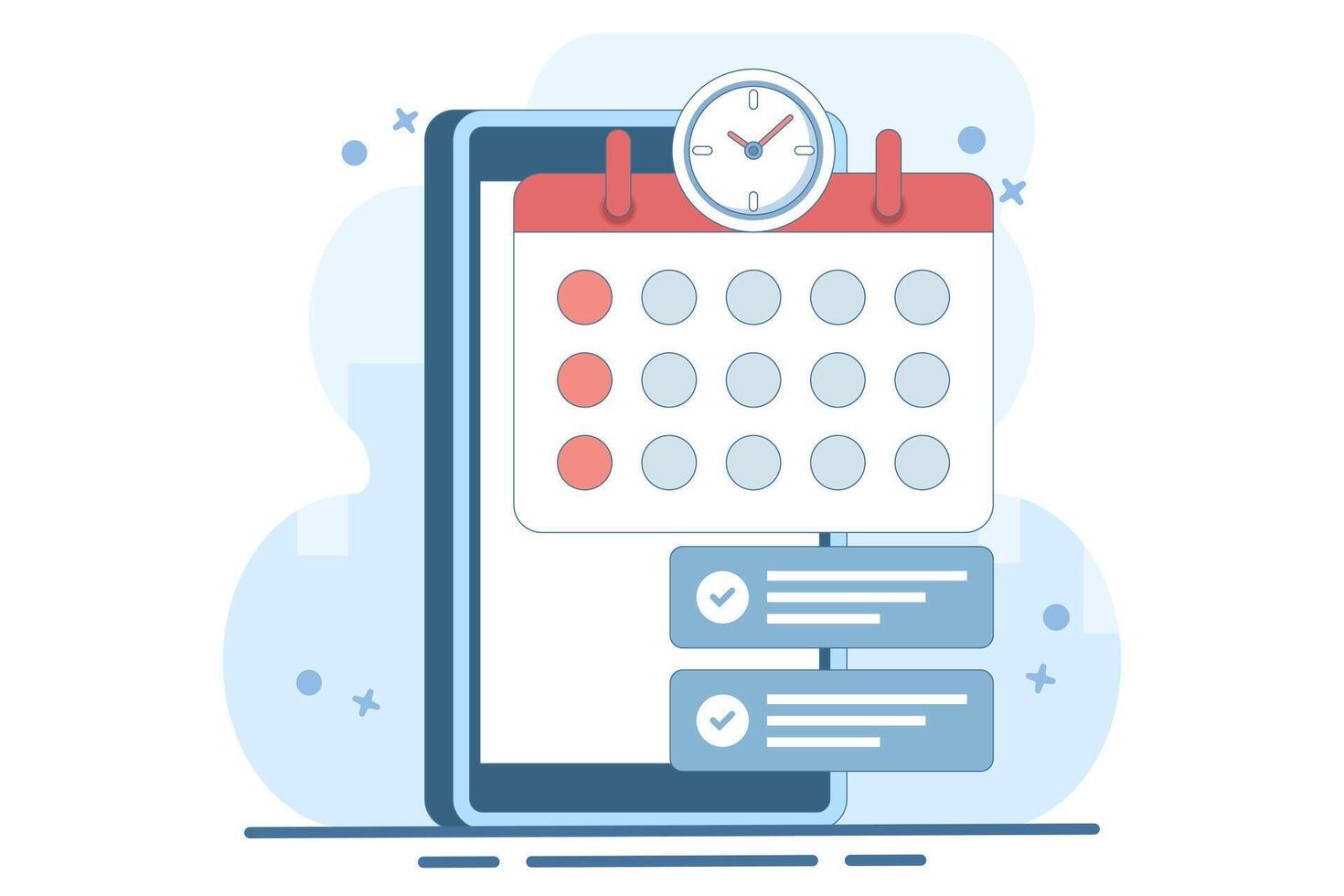 Planning app concept on screen. Planning schedule and calendar. Time management, work planning app. Calendar, schedule, appointments. Flat illustration. vector