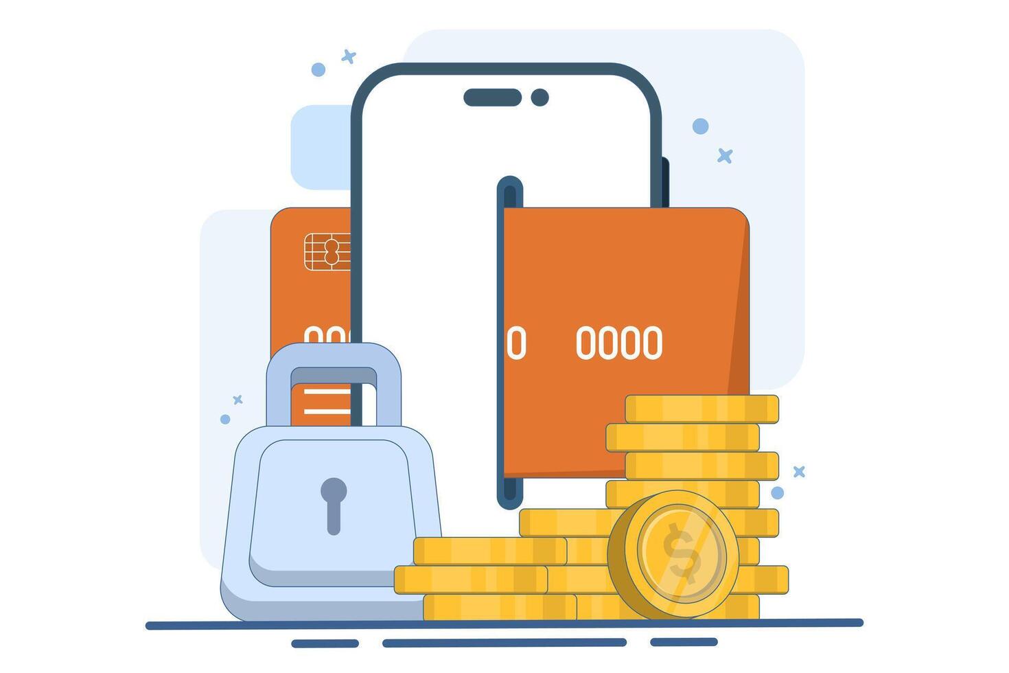Online financial security concept, Smartphone with payment card, online payment with protection, lock, security for online shopping, gold coins, digital marketing. vector