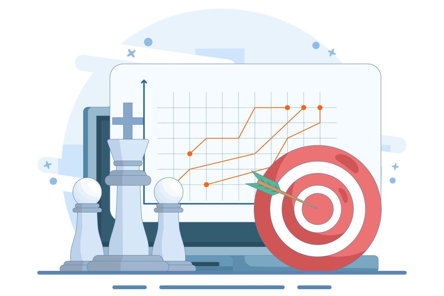 Strong business leadership concept, Line graph on screen and target board with bow and arrow with chess king and soldier on isolated background, Digital marketing illustration. vector
