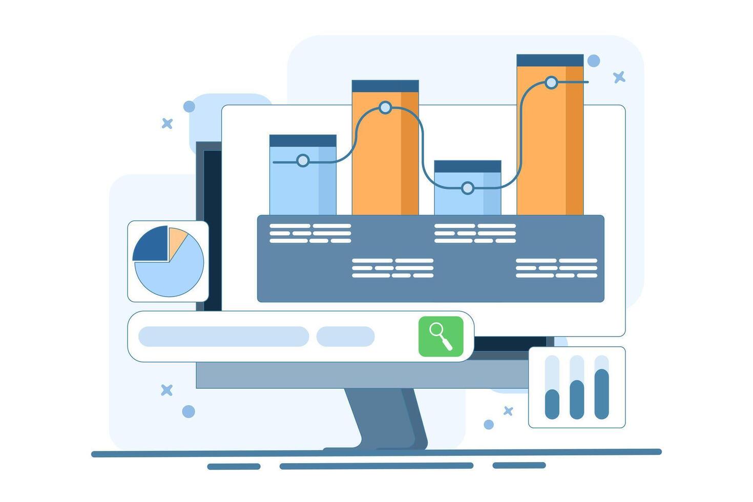 Graph search concept, business financial data analysis. Big data and analysis, documents with graphs, flat illustrations. vector
