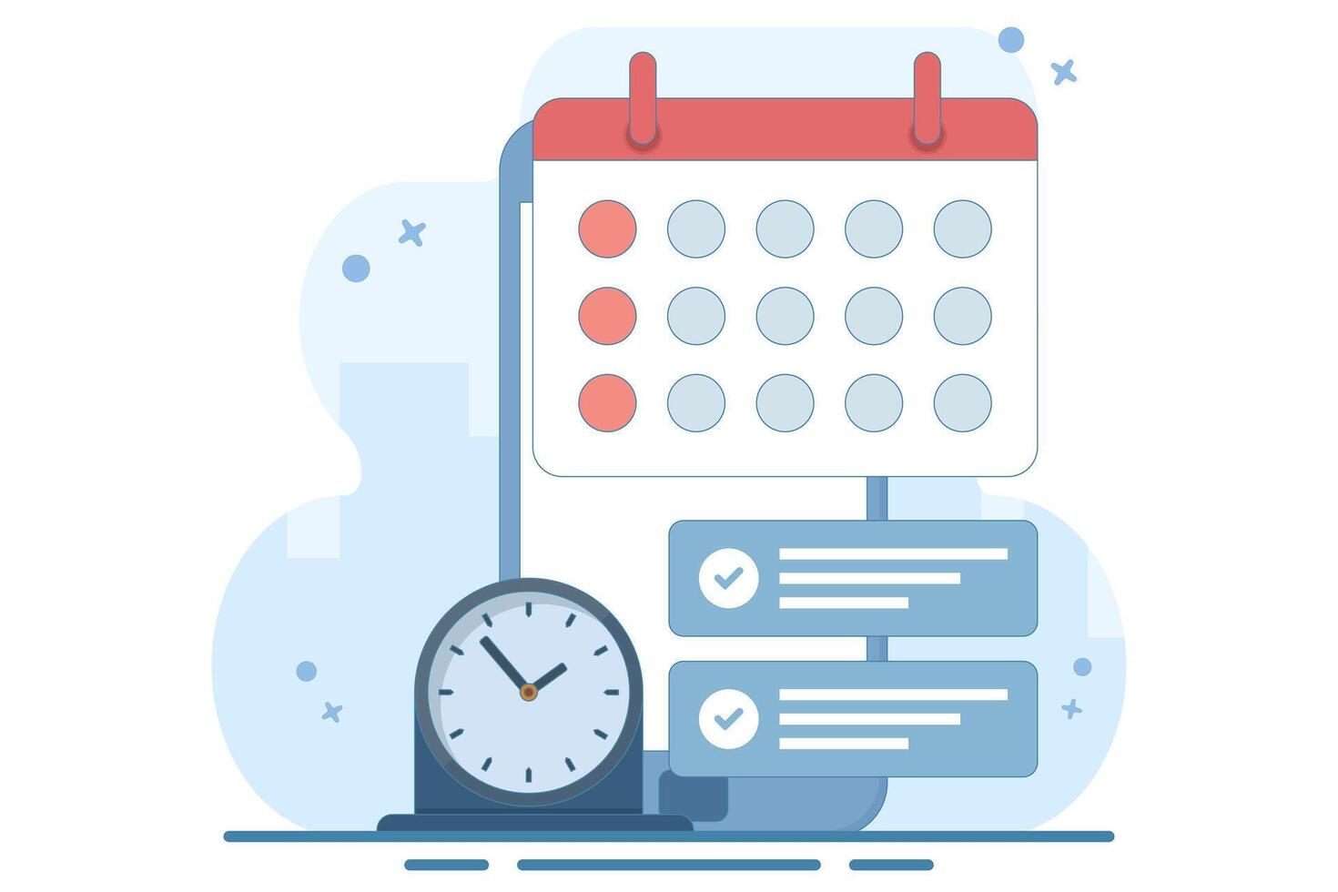 Planning app concept on screen. Planning schedule and calendar. Time management, work planning app. Calendar, schedule, appointment. Flat illustration on background. vector