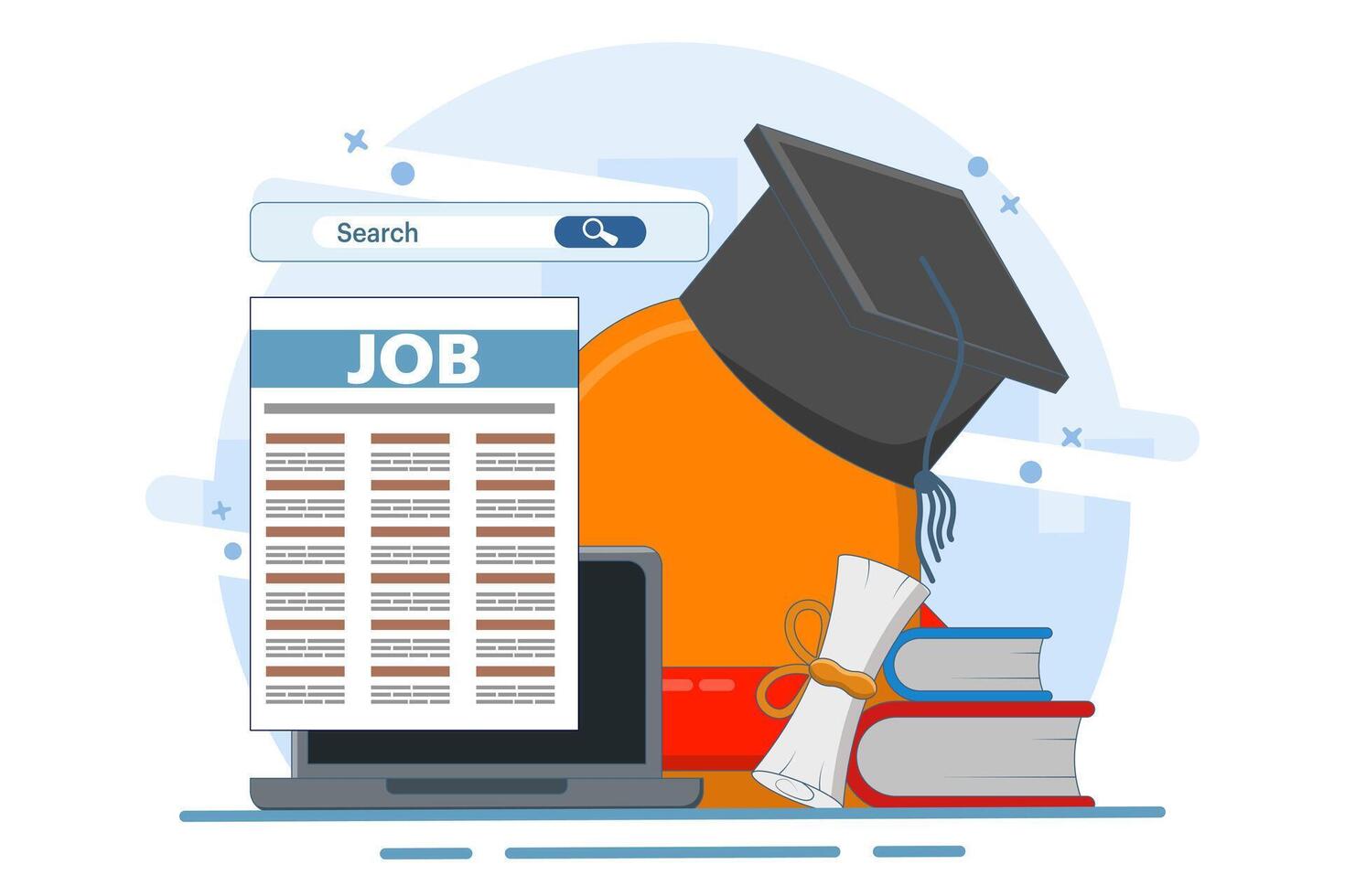 job search concept. new graduates looking for job information. job search and recruitment. websites and services. graduates with search bar. flat illustration. vector