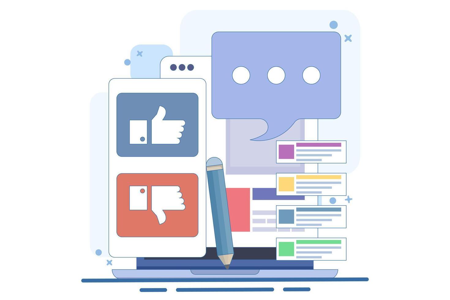 Feedback and survey concept. Giving positive feedback, choosing emoji to show satisfaction rating, and filling out survey form. User Experience Concept, Flat Illustration on background. vector