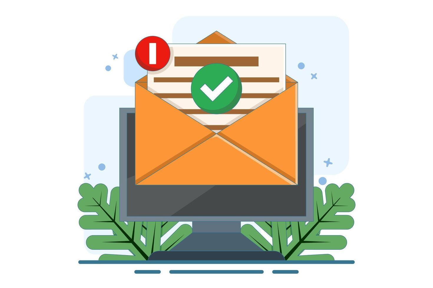 Concept of online document on laptop computer or digital letter that successfully confirms application, check mark notification on approved email message, verified document. vector