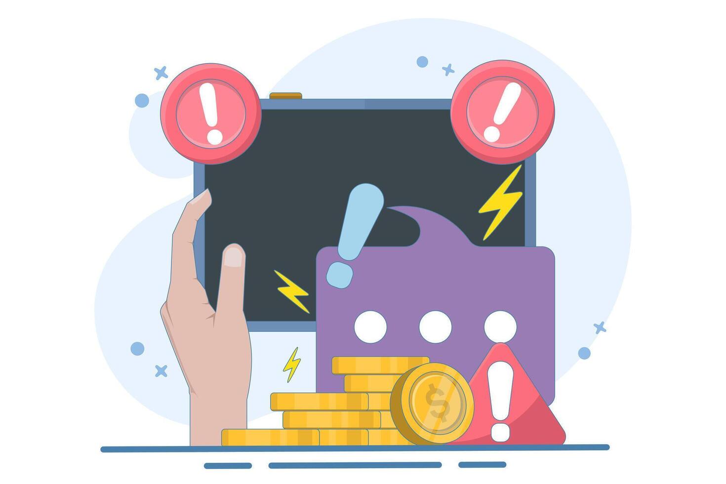 concept of being alert to fraudulent messages and data theft. danger and alertness. fraud warning. fraudulent mode to steal money and personal data. device with coin, warning sign, chat symbol. vector