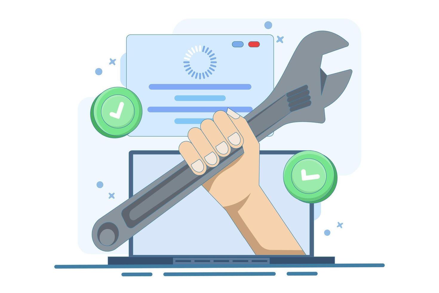 operating system repair and maintenance concept. hand coming out of laptop screen and holding wrench. technician, engineer, IT support concept. flat illustration on background. vector