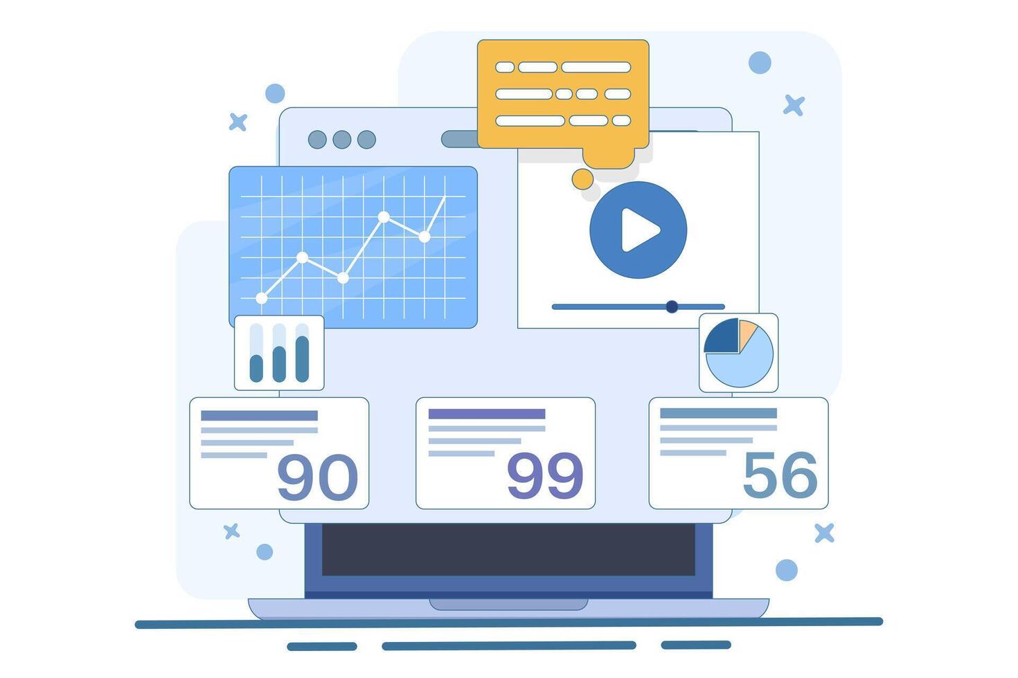 Business development concept. SEO. Business analysis, market research, product testing, data analysis. Marketing. Modern ways to advertise and find customers. Flat illustration on the background. vector