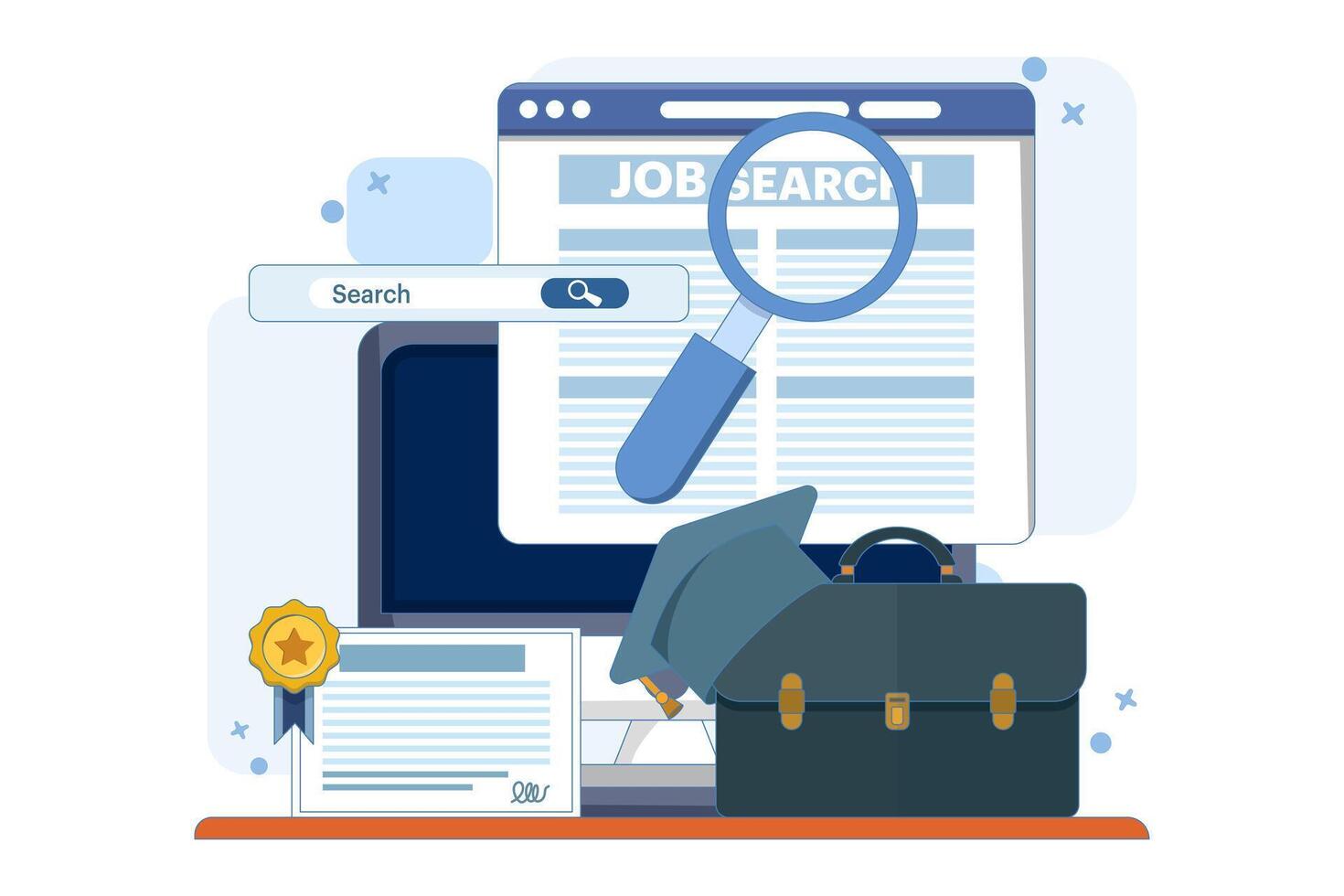 job search concept. new graduates looking for job information. job search and recruitment. websites and services. graduates with search bar. vector