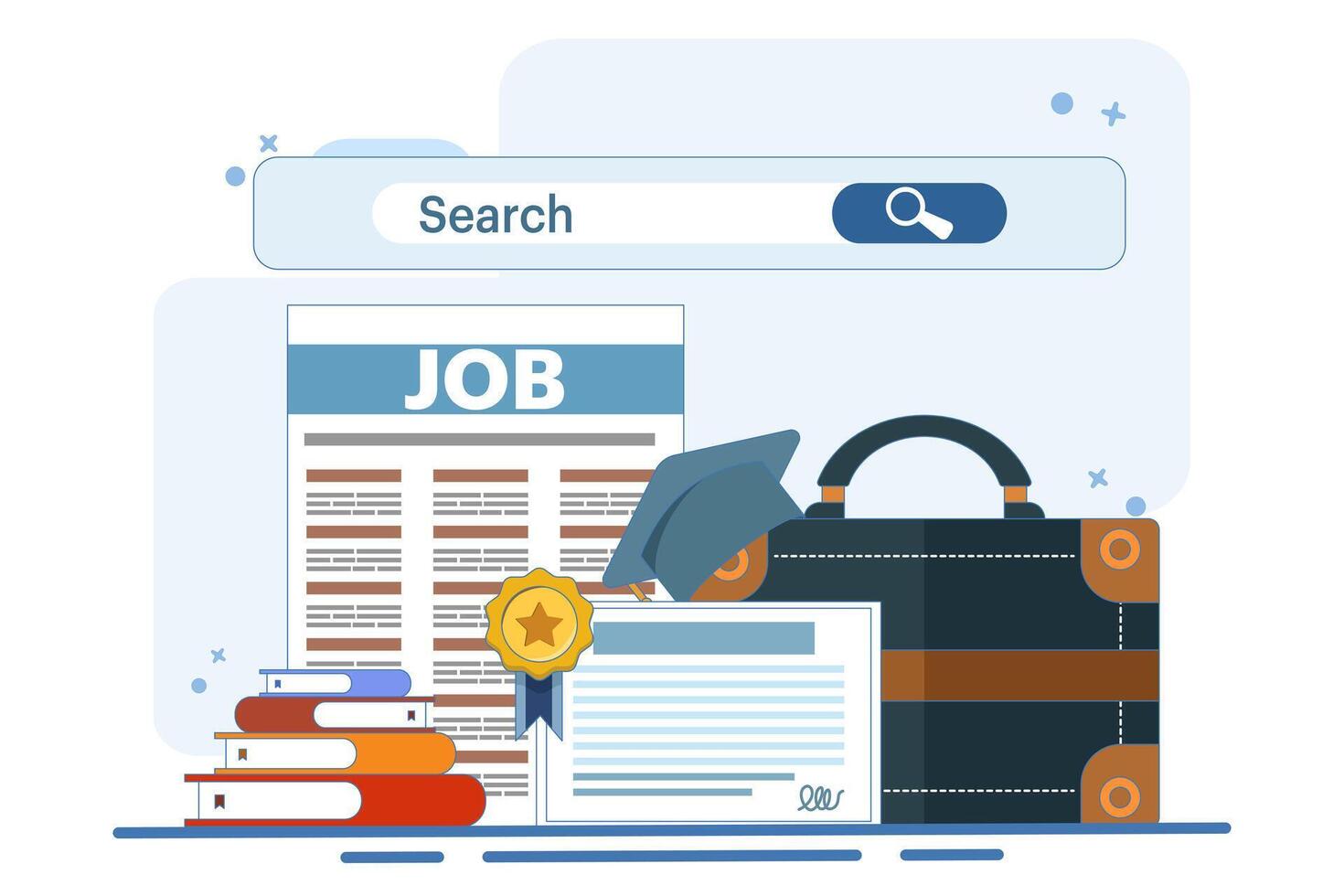 job search concept for graduates. new graduates looking for job information. job search and recruitment. websites and services. graduates with search bar. illustration. vector
