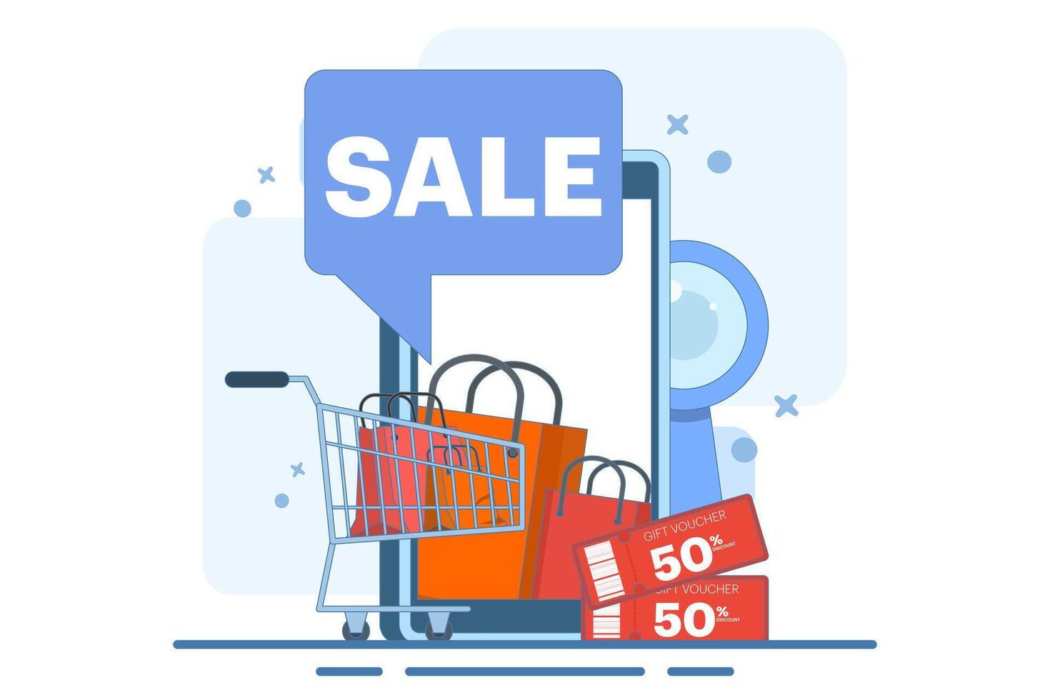 Concept of online shopping on smartphone. Big sale, special discount, social advertising. Mobile and digital marketing. Flat illustration for graphic elements, signs, symbols. Modern minimalist style. vector