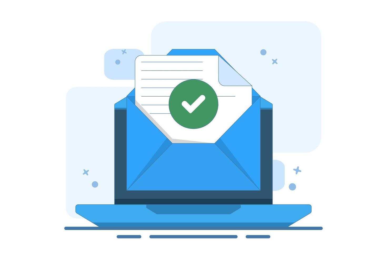 Concept of check mark notification on approved email message, online document on laptop computer, or digital letter successfully confirming application, verified document. vector