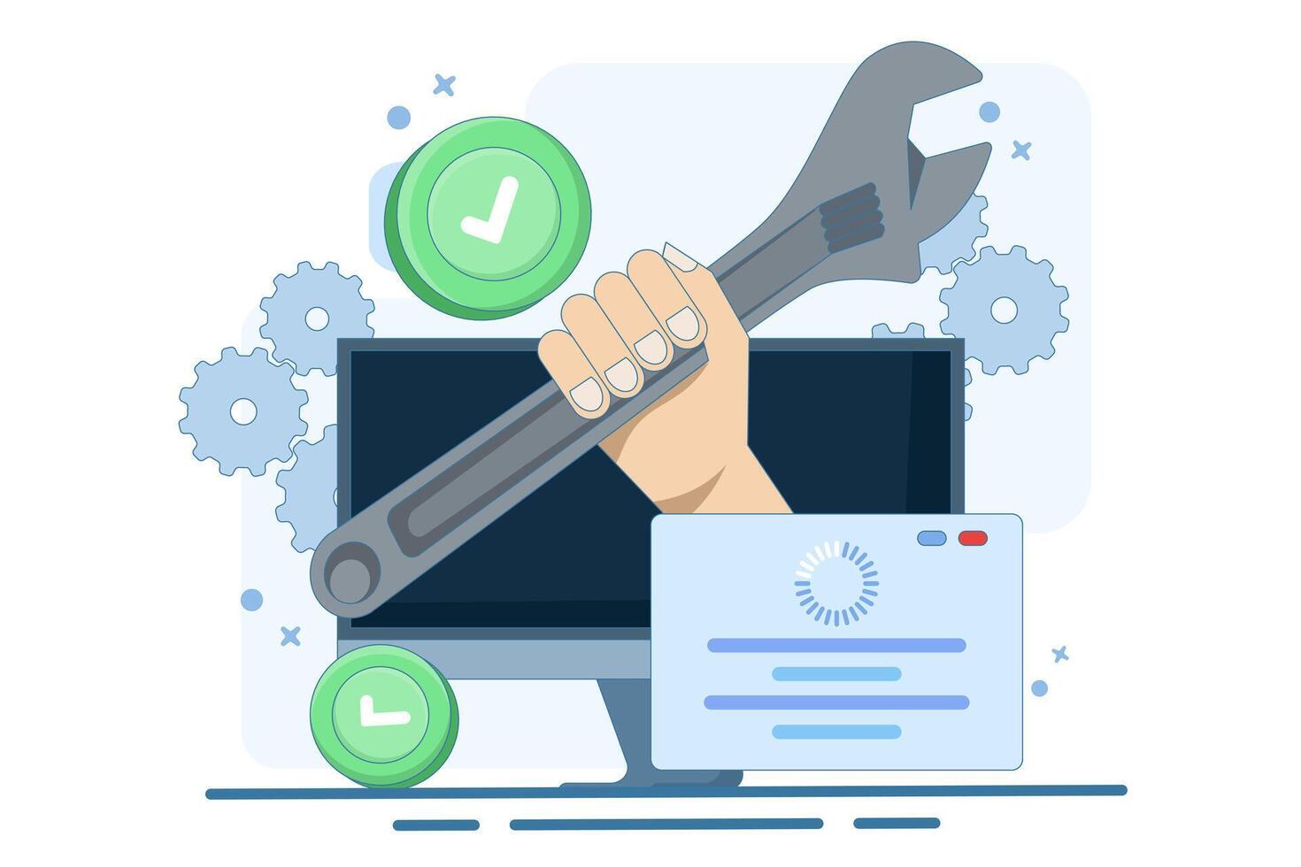 operating system repair and maintenance concept. hand coming out of laptop screen and holding wrench. technician, engineer, IT support concept. vector