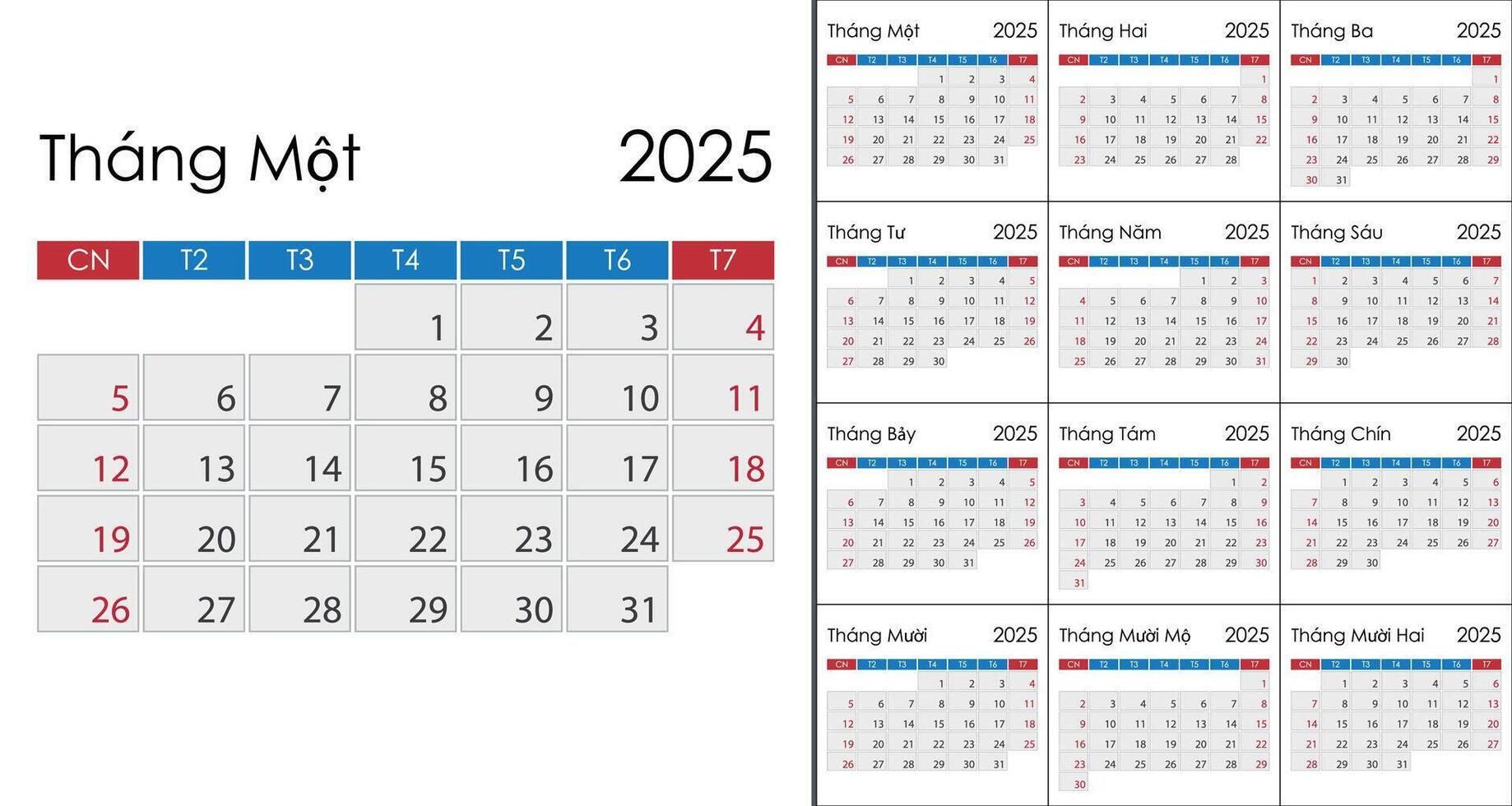 Calendar 2025 on Vietnamese language, week start on Sunday 52296377 ...