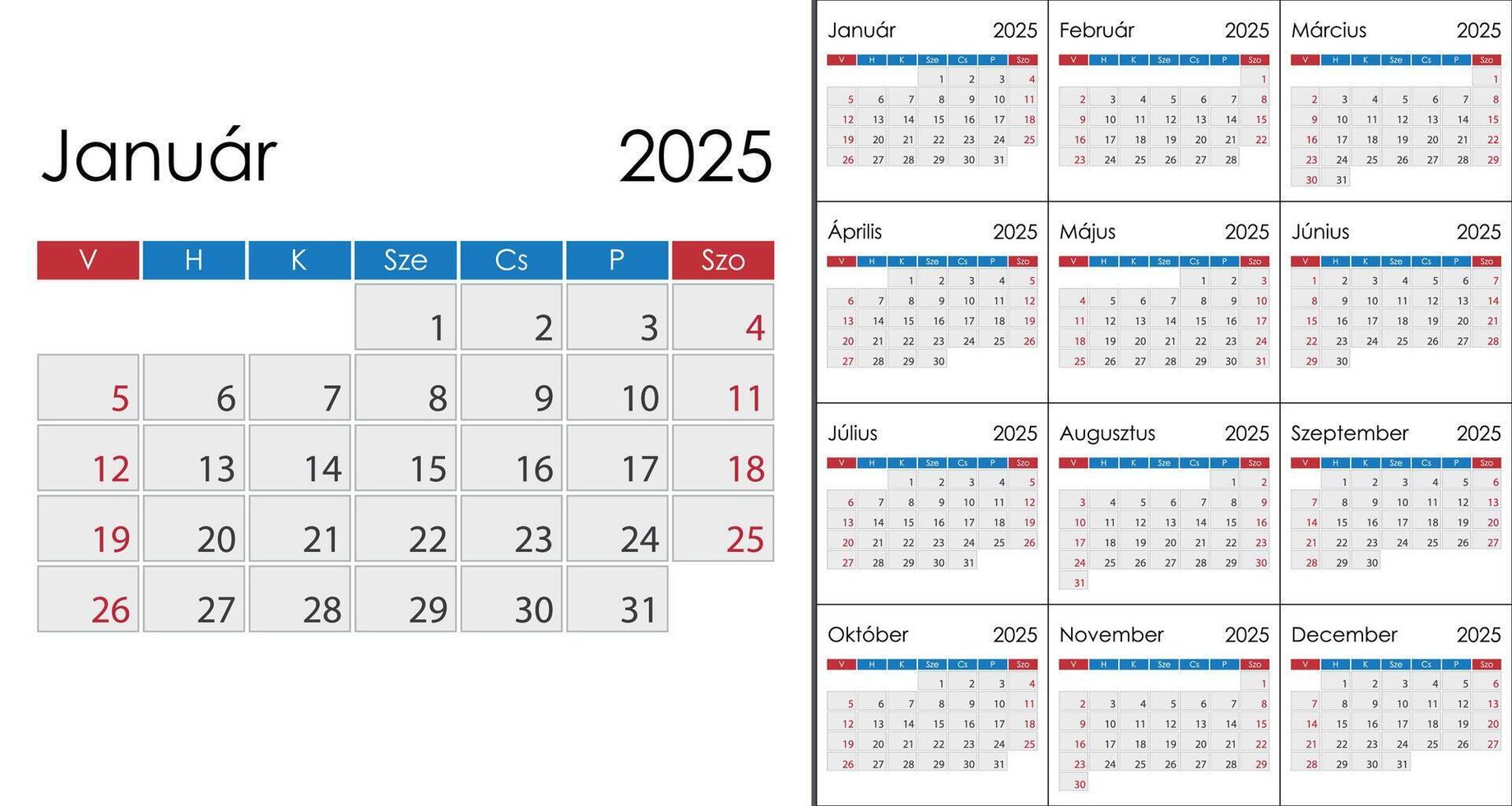 Calendar 2025 on Hungarian language, week start on Sunday vector