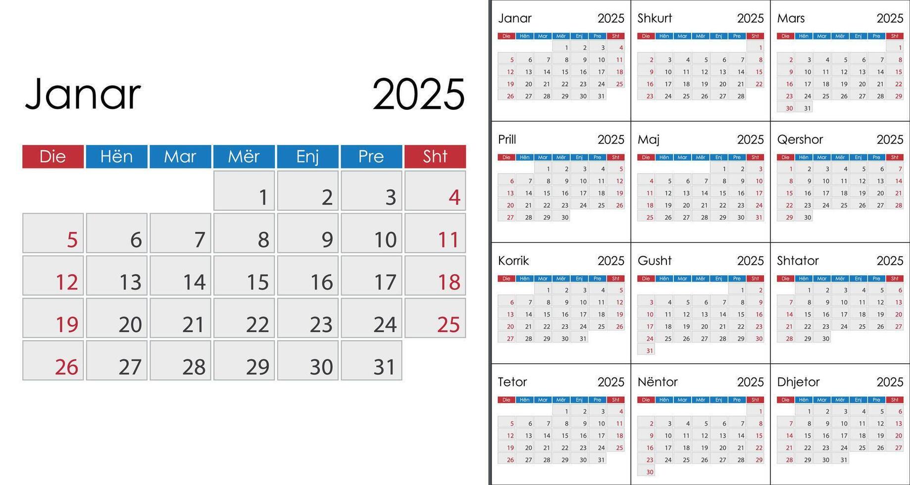 Calendar 2025 on Albanian language, week start on Sunday 52296448