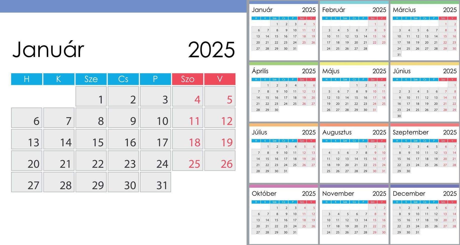Calendar 2025 on Hungarian language, week start on Monday vector