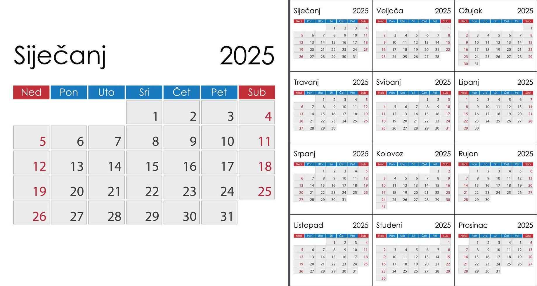 Calendar 2025 on Croatian language, week start on Sunday 52296471 Vector Art at Vecteezy