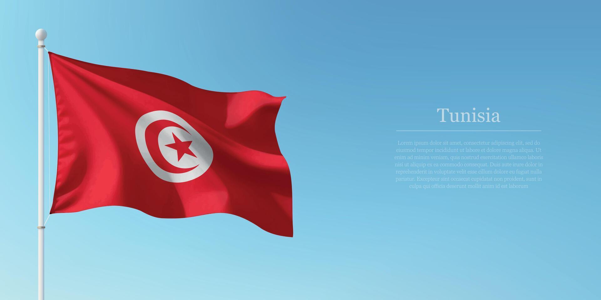 Waving Flag of Tunisia Against Clear Blue Sky Copyspace vector