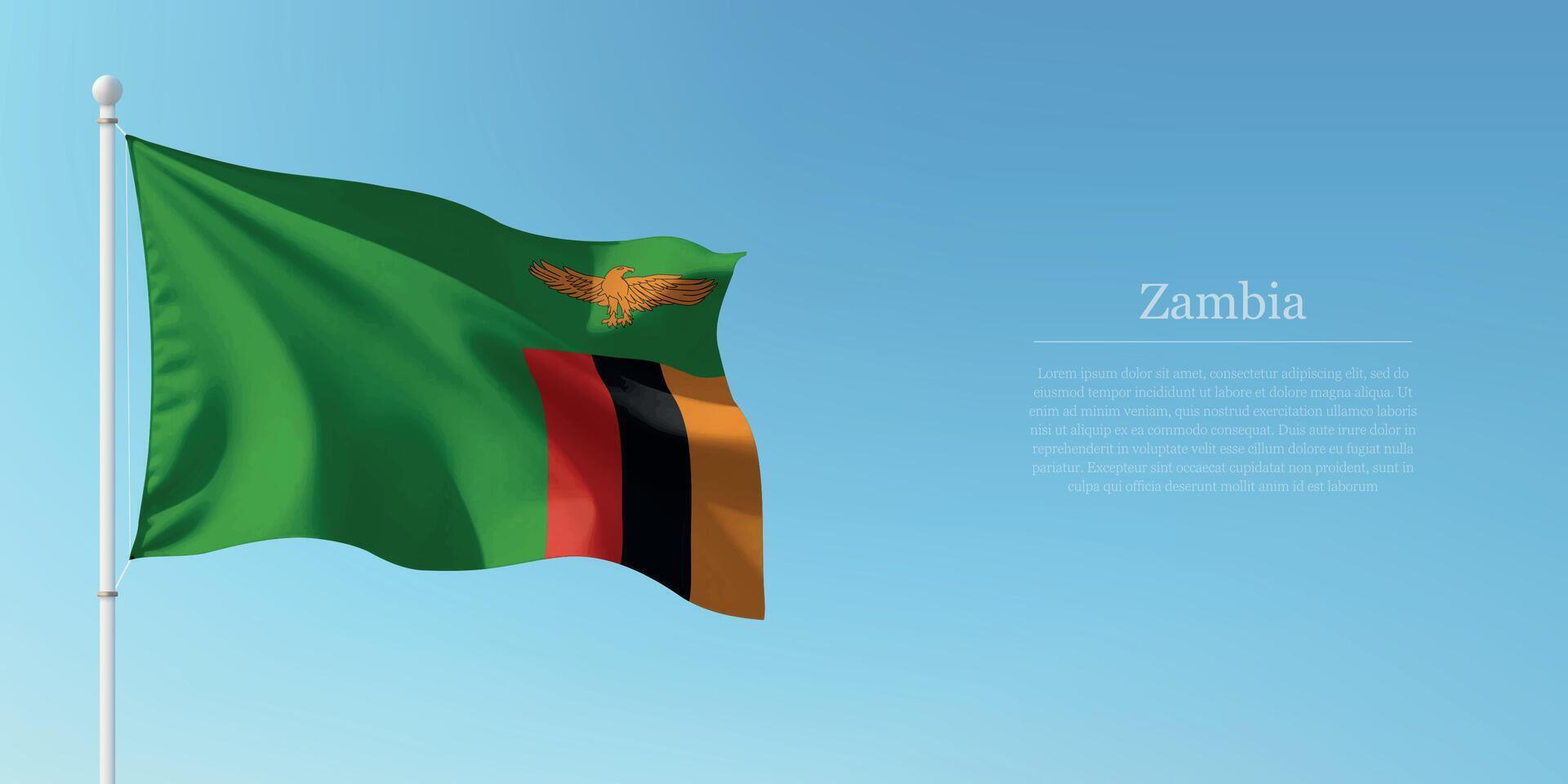 Waving Flag of Zambia Against Clear Blue Sky Copyspace vector