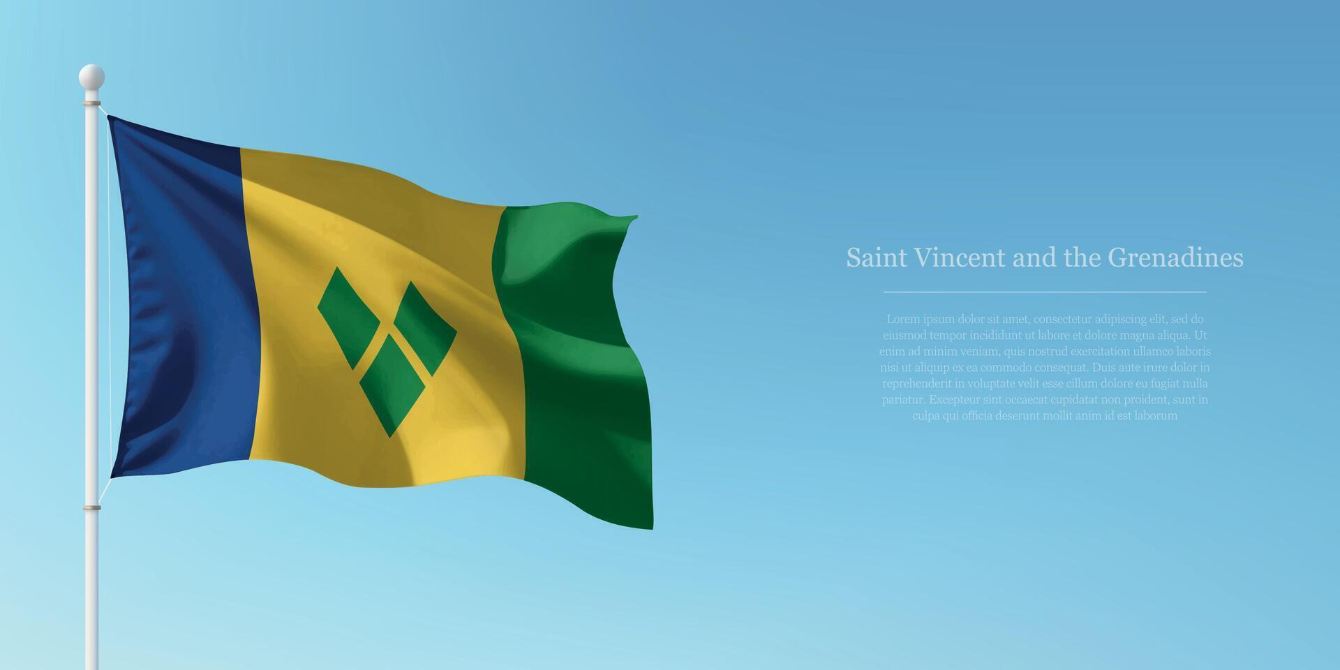 Waving Flag of Saint Vincent and the Grenadines Against Clear Blue Sky Copyspace vector