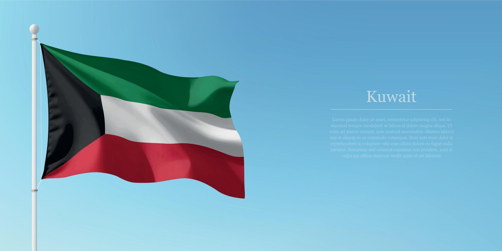 Waving Flag of Kuwait Against Clear Blue Sky Copyspace vector