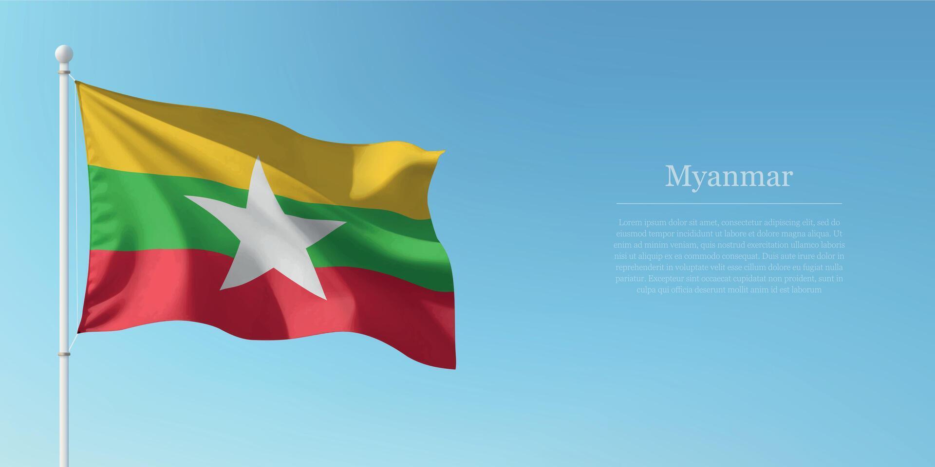 Waving Flag of Myanmar Against Clear Blue Sky Copyspace vector