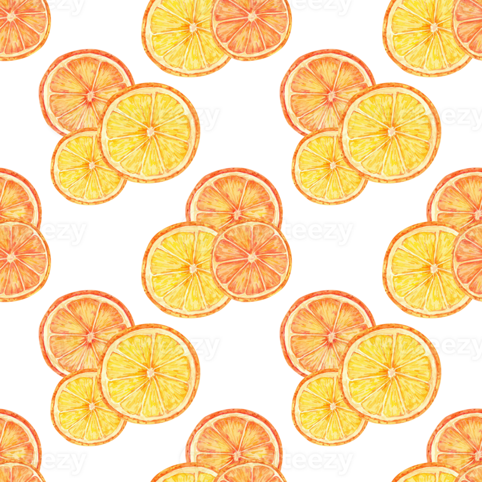 Orange slices with bright orange and yellow tones in a seamless watercolor pattern. Clipart Perfect for designing citrus-themed textiles, wrapping paper, and home decor for kitchens and dining spaces png