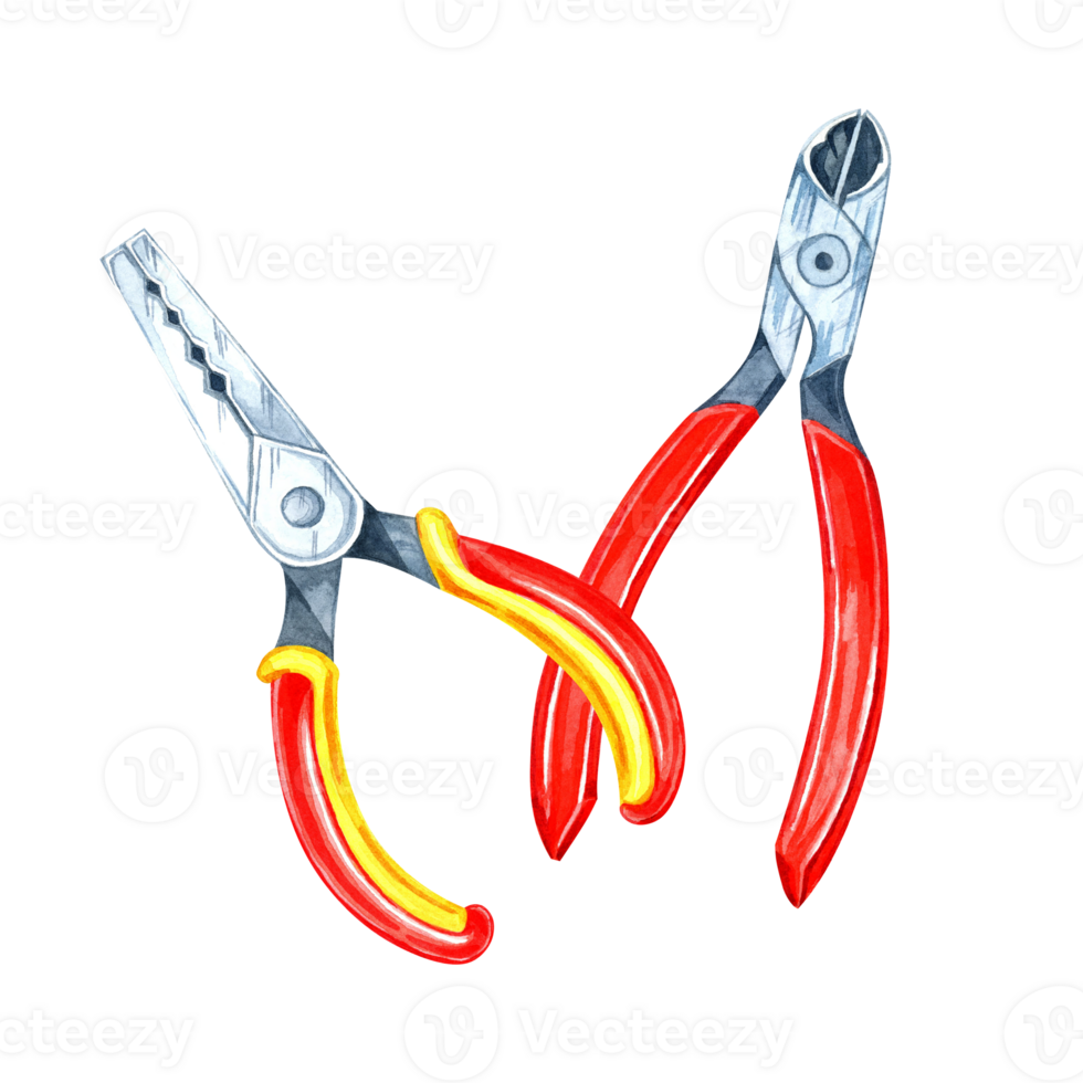 A pair of pliers and cutter with red and yellow handles. Hand-painted hardware, watercolor clipart. Perfect for mechanical projects, product branding, or educational materials about hand tools png