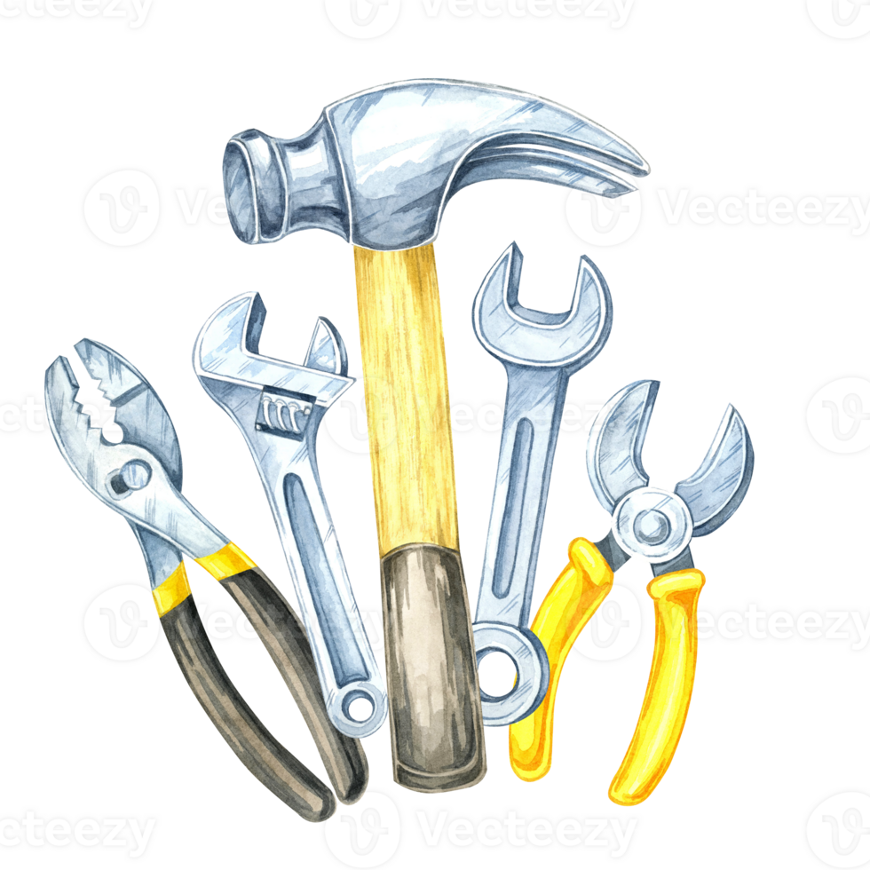 A hammer with a wooden handle, silver wrenches, and pliers. Hand-painted watercolor illustration. Perfect for home improvement catalogs, DIY project designs, and construction branding png