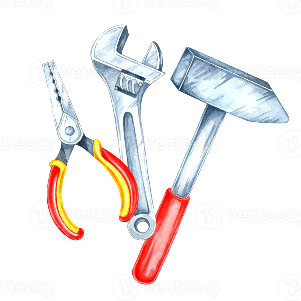 A hammer, pliers with yellow and red handles , and an adjustable wrench clipart. Hand-painted watercolor illustration for handyman merchandise, instructional design, or DIY-themed packaging labels png