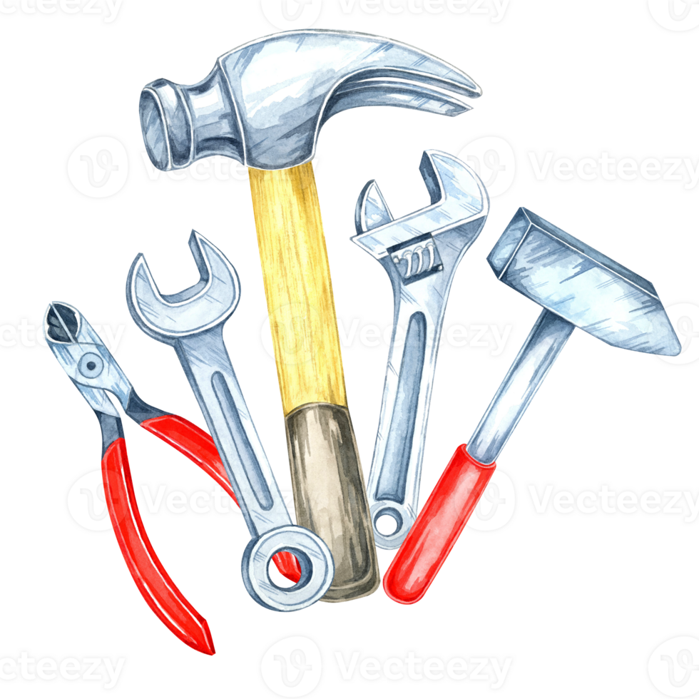 Pliers with red handles, wrenches, and two hammers clipart. Hand-painted watercolor illustration. A great choice for DIY product designs, packaging, or marketing materials for repair services png