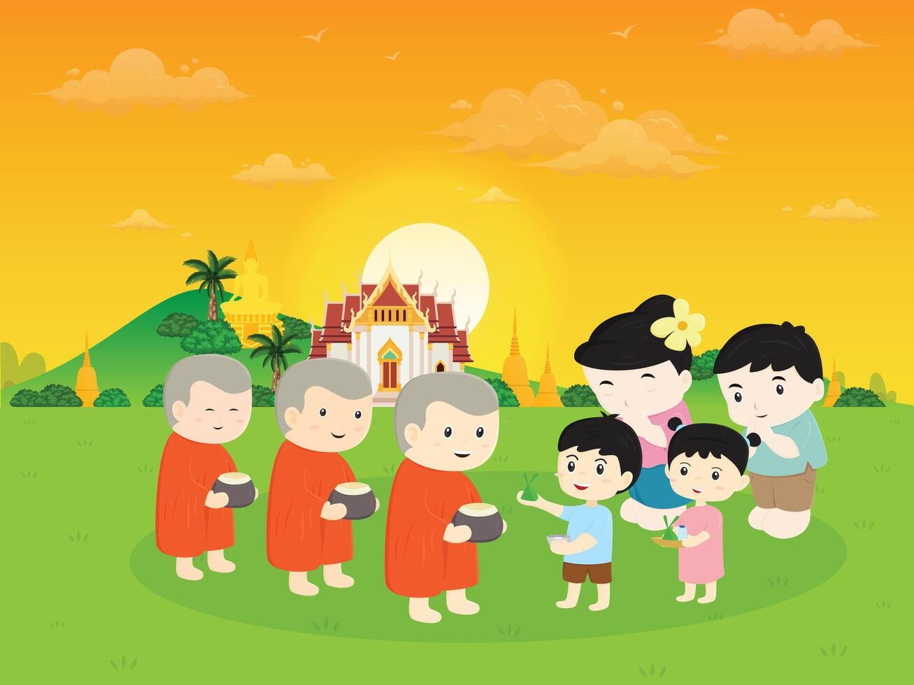 The family are making merit by giving alms to monks cartoon illustration design vector