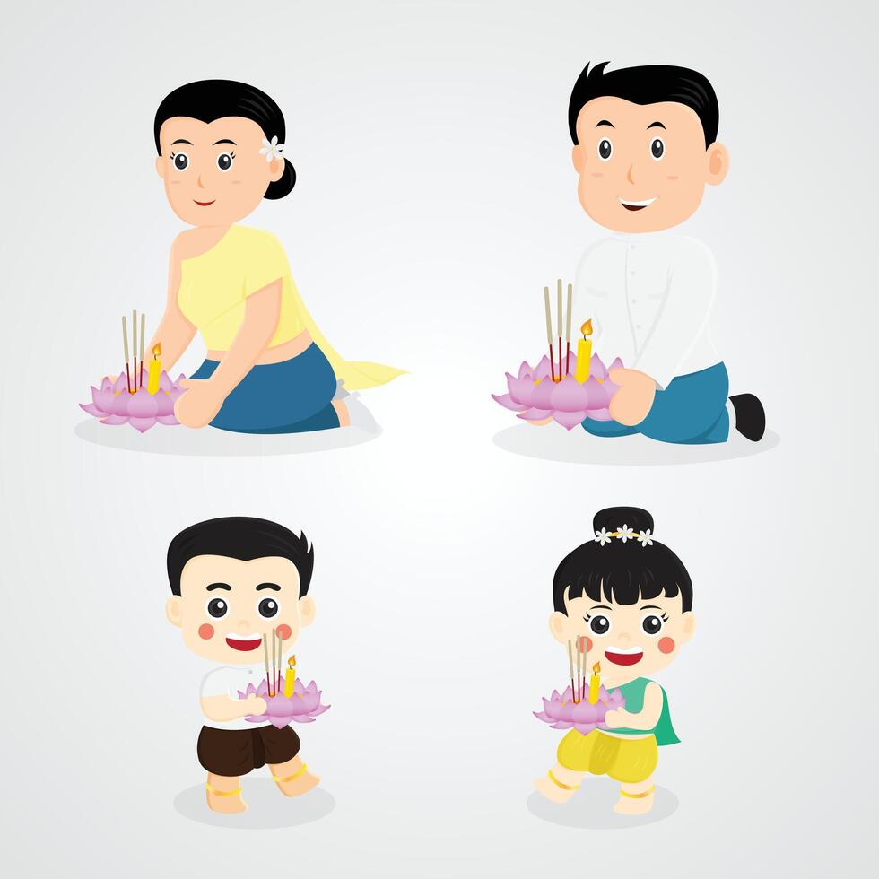 set family People wearing Thai costumes are floating krathong festival cartoon illustration clip art isolate design vector
