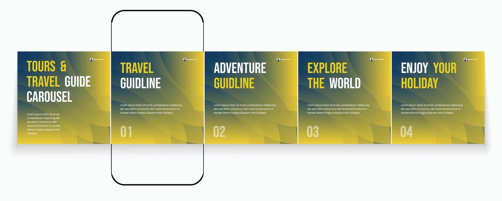 Social media banner frame for travel agency carousel design. Guideline carousel template for Tours and Travel post. vector