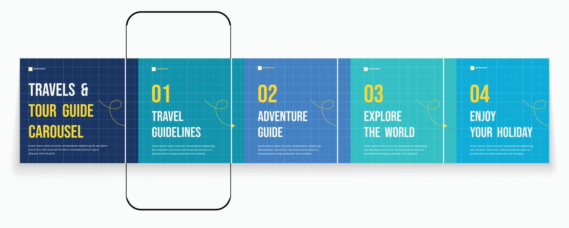 Guideline carousel template for Tours and Travel post. Social media banner frame for travel agency carousel design vector