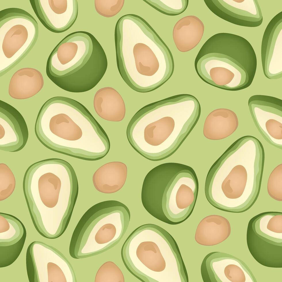 Seamless pattern with hand drawn avocado slice on green background. Design for fabric, kitchen decor, wallpaper. vector