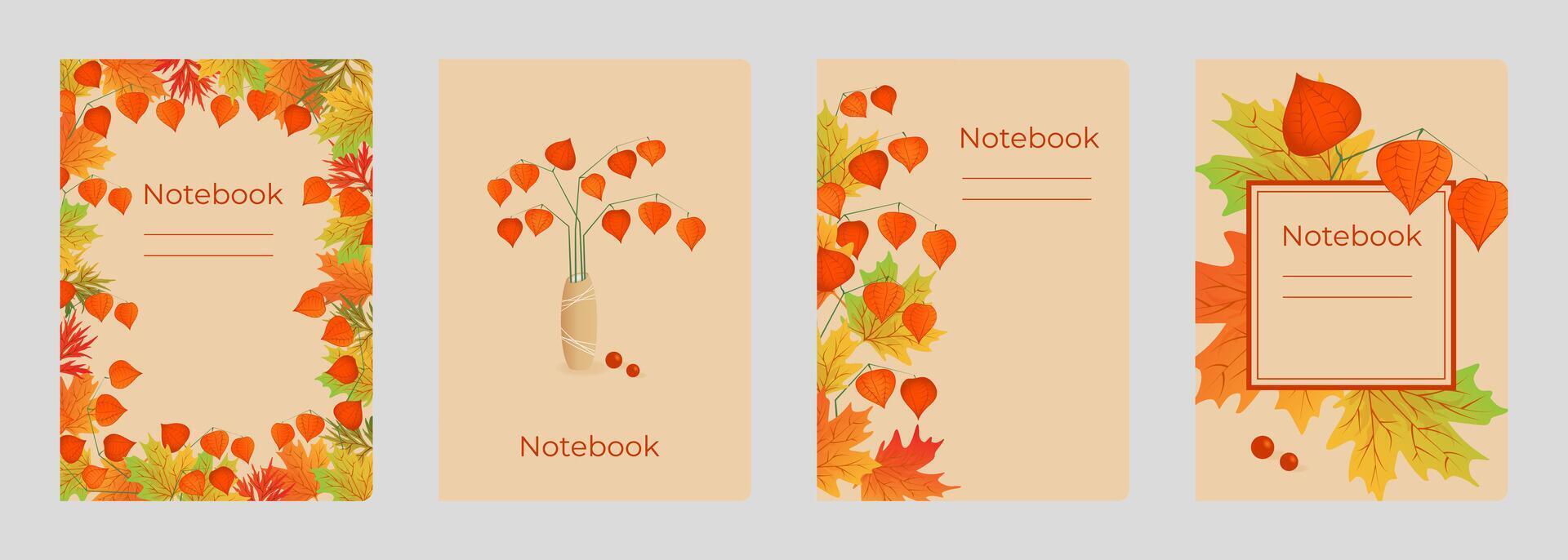 Set of cover designs for notebook, notepad, book, catalog with autumn maple leaves and physalis. Template of vertical format A4, A5. vector