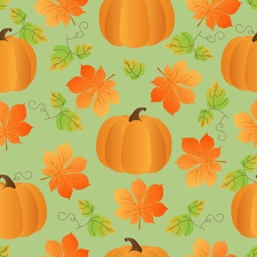 Seamless pattern with hand drawn autumn chestnut leaves, pumpkin on green background. vector