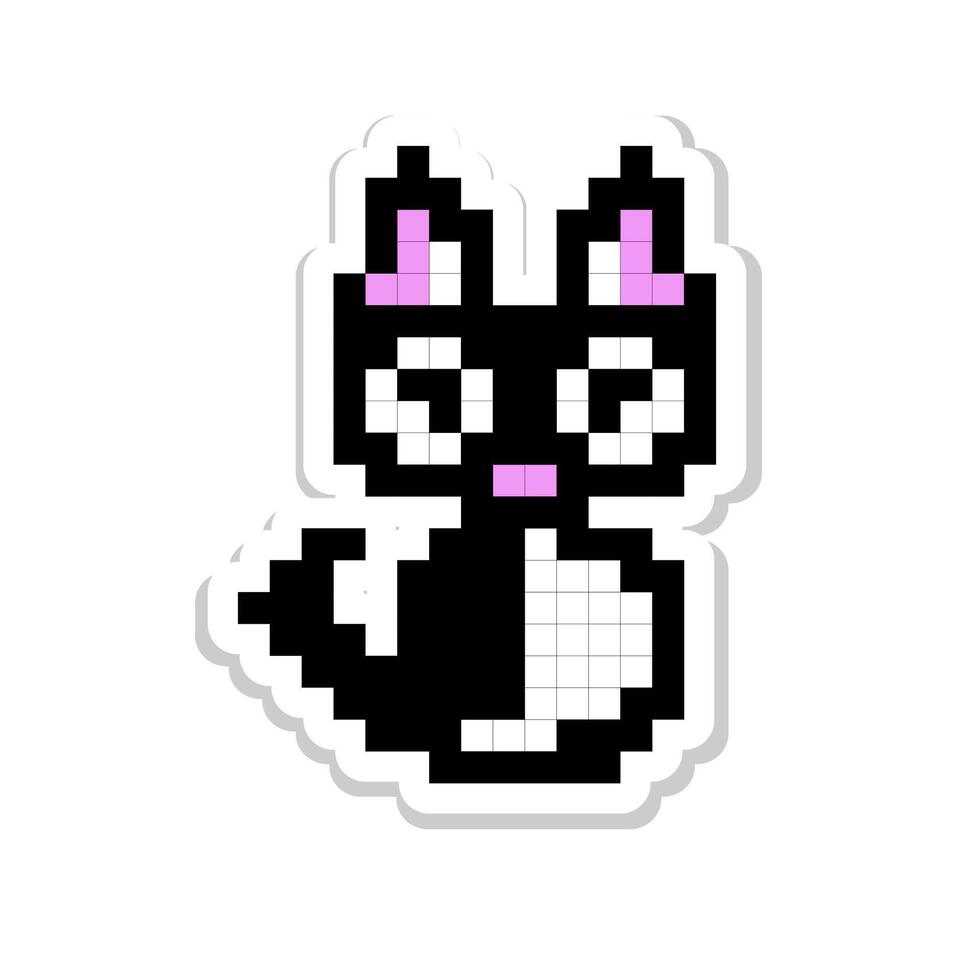 Pixel art sticker for print on different product, social media communication. Cute cat isolated illustration on white background. vector
